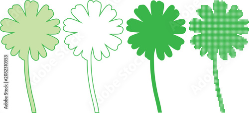 Dotted vector set of four leaf clovers in green shades