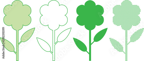 Dotted vector set of green flowers and leaves in various styles