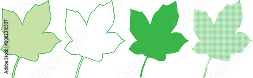 Dotted vector set of green maple leaves in various styles
