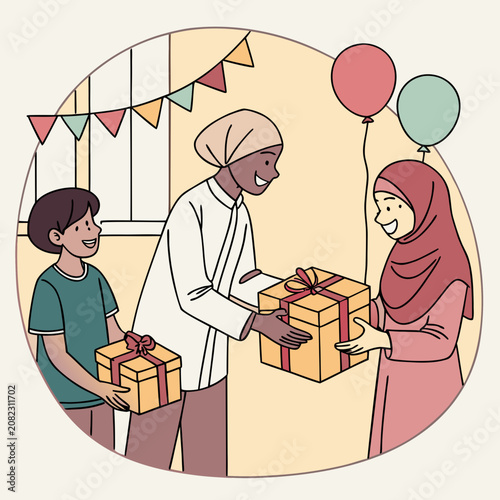 Muslim family exchanging gift boxes during celebration with celebration presents balloons
