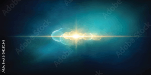 Fotografía Abstract cyan lens flare with horizontal light beam and bokeh horizontal abstrac