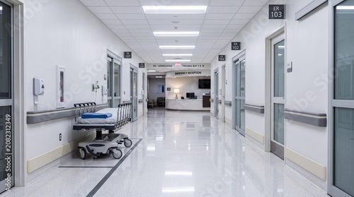Hospital Emergency Department Corridor with Empty Hallway Reception Desk and Medical Gurney Modern Healthcare Interior