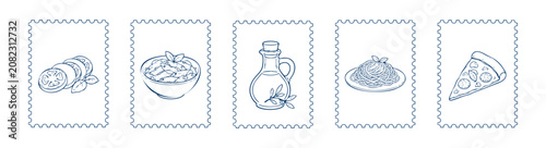 Mediterranean travel postcard collection with Italian food and sea icons.