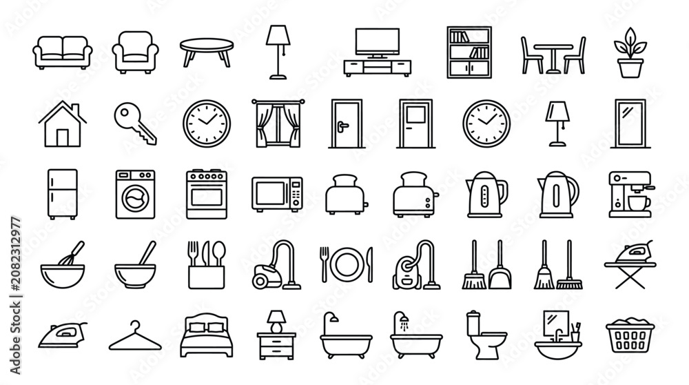 Fototapeta premium Collection Of Household Object Icons Linear Style Silhouette