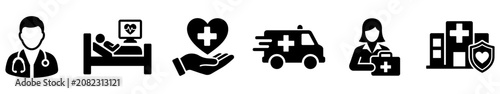 Medical and health care icon collection with doctor, patient, and ambulance
