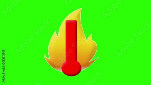Animated thermometer showing high temperature with fire effect isolated on a green screen background. 