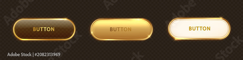 Golden frame label set. Premium gold button collection with transparent glossy surfaces and metallic frames.