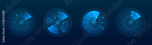 Foto Futuristic radar screen with sonar scan, GPS compass and glowing HUD interface