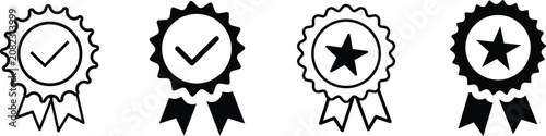 Four Grainy black and white outline icons of award ribbons with checkmarks and stars award icon ribbon icon