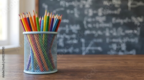 Back to school colorful pencils in a mesh cup on a wooden desk in front of a chalkboard with math equations