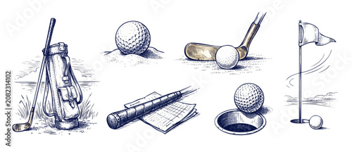 Golf equipment vintage illustration set featuring retro hand drawn sketch of club, bag, ball, flag, scorecard and golf hole icons on white background, classic sports graphics for tournament designs.