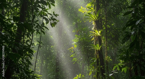 Sunbeams pierce through lush green jungle canopy, illuminating misty rainforest atmosphere.
