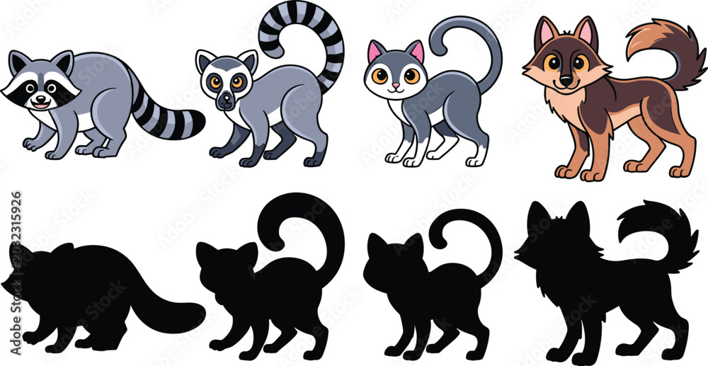 Fototapeta premium Cute cartoon animals set with shadow matching game elements including raccoon lemur cat and wolf vector illustration in image_8721db.jpg