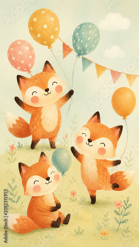 Cute watercolor illustration of happy foxes holding colorful balloons at a cheerful outdoor celebration with pastel decorations and a whimsical children's storybook style.