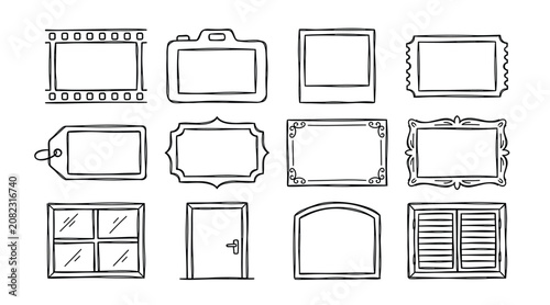 Hand Drawn Objects and Media Decorative Border Frames Set with Filmstrip, Retro Camera, Instant Photo Polaroid, Window and Door, Quirky Outlined Vector Design Elements