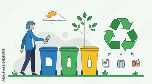 Photos Woman recycling waste into separate bins for environmental sustainability