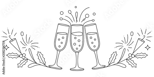 Foto Three champagne glasses clinking with bubbles and festive holly leaves for a hap