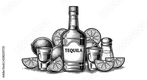 фотографія Tequila bottle with lime and glasses.