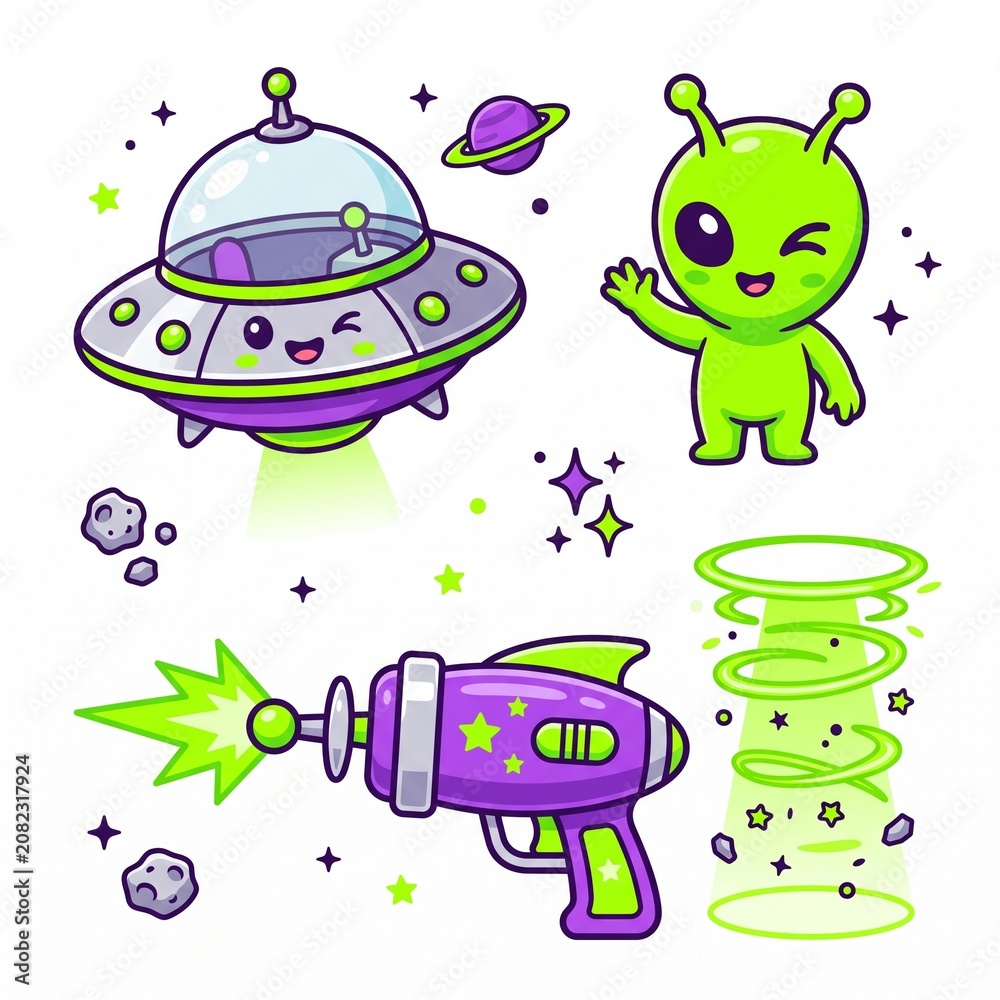 Obraz premium Playful Cute UFO and Friendly Chibi Alien Clipart Sheet