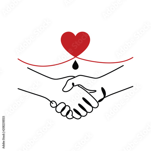 Continuous line art of two shaking hands underneath a red heart symbol with blood drop icon.