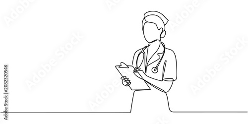 Quadro su tela Continuous Line Drawing of Female Doctor Holding Clipboard Illustration