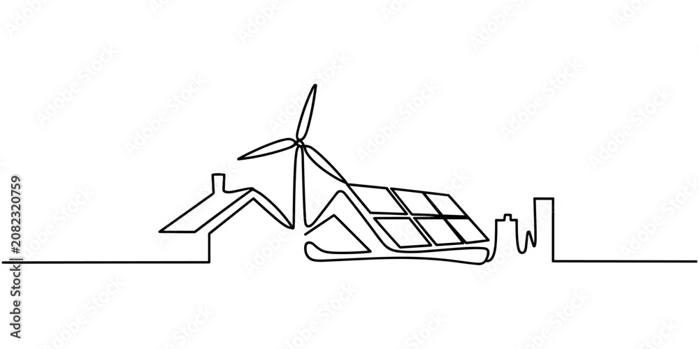 Obraz premium Continuous Line Drawing of Renewable Energy House with Solar Panel and Wind Turbine Illustration