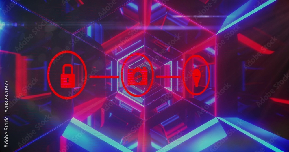 Fototapeta premium Floating red icon trio connecting via thin red line in neon hexagonal tunnel, reflecting panels