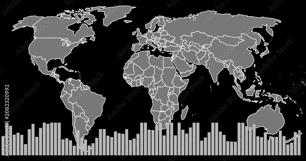 Fototapeta premium Displaying grayscale world map with white country outlines on solid black canvas, histogram below