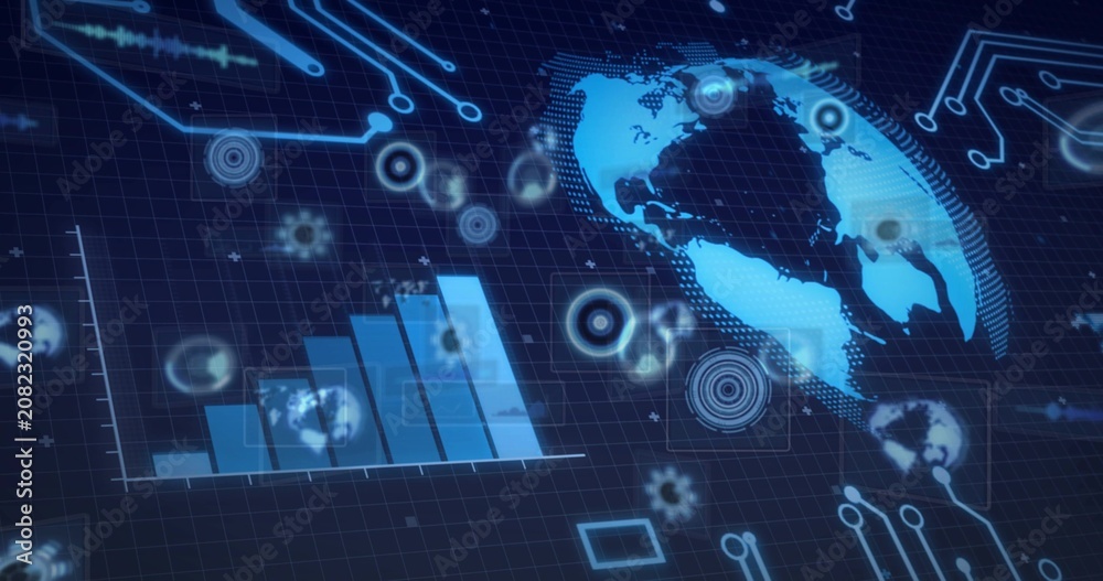 Obraz premium Stylish rotating blue globe reacting to pulse, guiding HUD assembly left-right into data dashboard