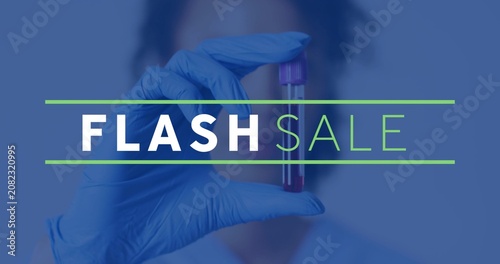 Lab tech holding purple-cap vial while green square popping, FLASH SALE sliding, promoting lab sale