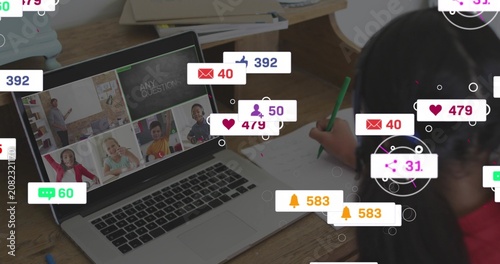 Photography Girl taking notes with green pencil in remote class, reaction badges growing on