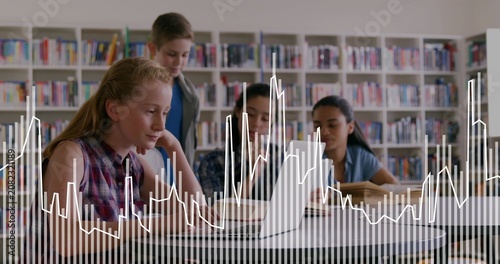 Valokuva Child female typing on laptop in library causing waveform rising below frame as