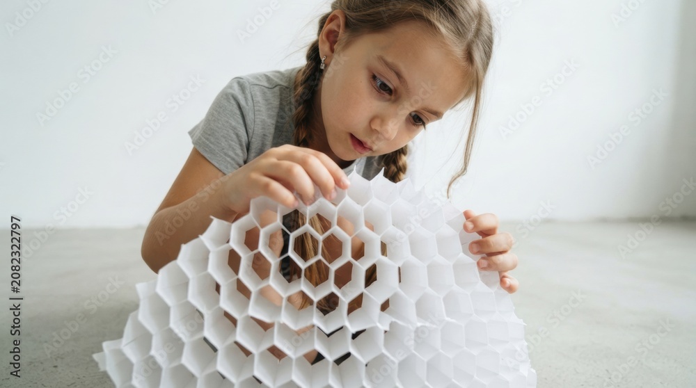 Obraz premium Little girl constructing paper honeycomb pattern
