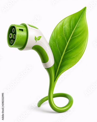 Minimalist 3D illustration of an eco-friendly electric vehicle charging plug seamlessly integrated with a fresh green leaf, symbolizing sustainable transportation, renewable energy, clean mobility.