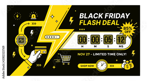Black Friday Flash Deal Countdown Web Banner — Electric Yellow Jet Black Urgent Sale Timer Horizontal Template