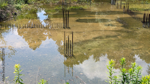 Fotografie Abandoned concrete foundation columns and rusty rebar protruding from shallow murky water
