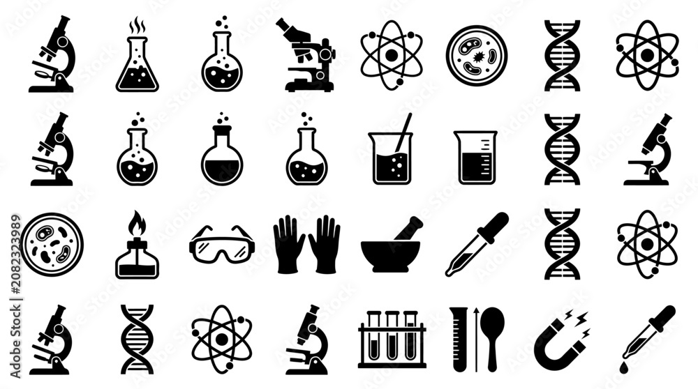 Obraz premium Science and laboratory equipment vector black icons grid set