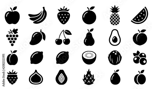 Modern black fruit icon collection with apple banana grapes mango strawberry pineapple avocado pear and healthy food vector symbols isolated on white