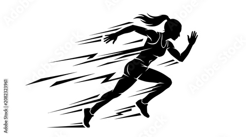 Εκτύπωση καμβά Fast running woman silhouette vector illustration with dynamic speed lines isola