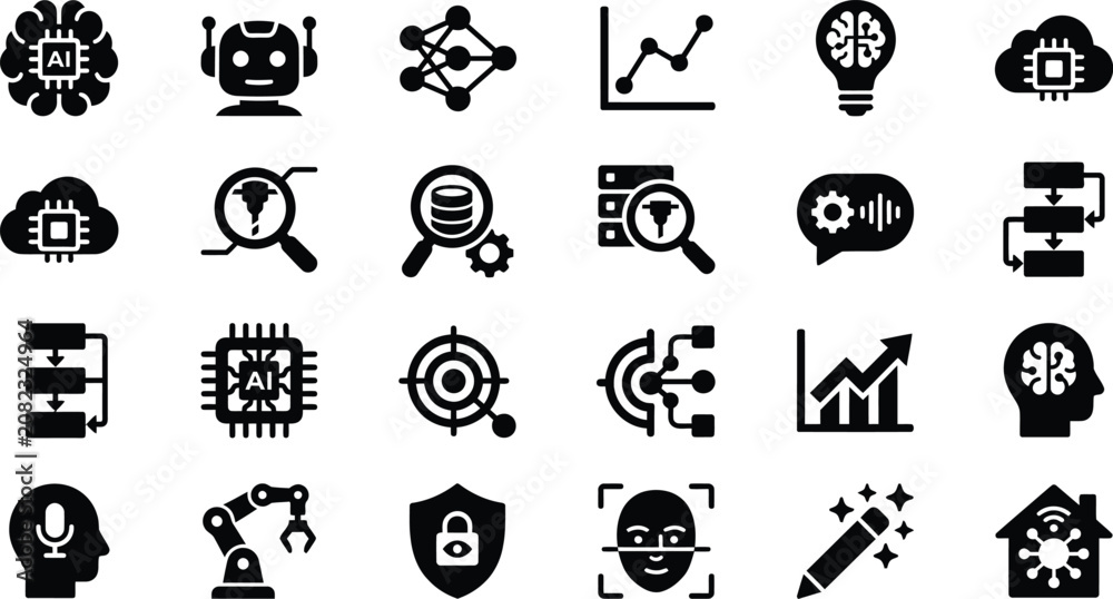 Fototapeta premium Silhouette: AI and Technology Icons Set for Modern Business Solutions