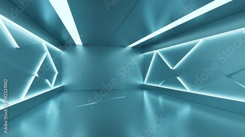 Empty modern room with geometric walls and illuminated lines