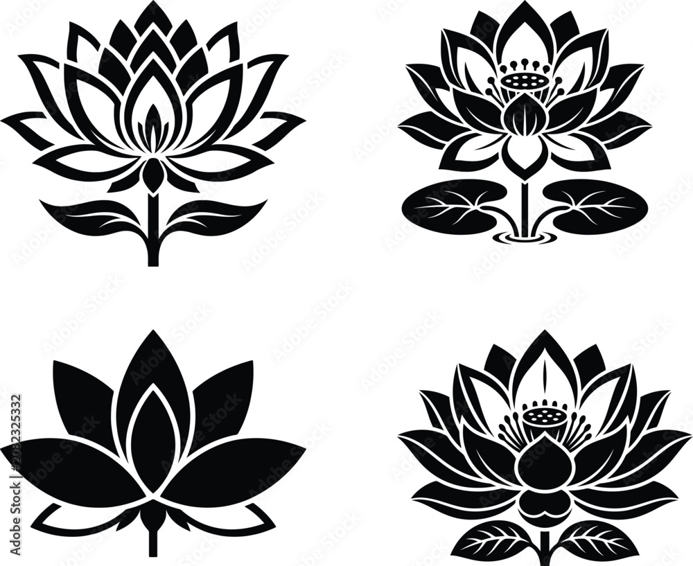 Obraz premium Lotus flower silhouette vector icons, black floral zen symbols for yoga and wellness branding, set of 4 elegant blooming water lily illustrations