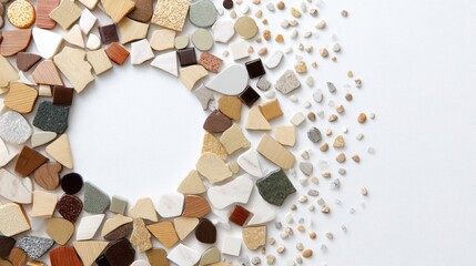 Natural stone and wood mosaic tile sample arrangement for interior design background and material palette display