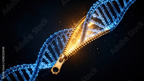 Abstract concept of gene therapy showing a glowing golden zipper opening a blue DNA double helix against a dark background with crisp futuristic scientific visualization.