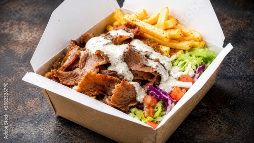 Herzhafte Dönerbox mit dünn geschnittenem Fleisch, goldbraunen Pommes, knackigem Salat, Rotkohl und cremiger Soße in moderner Take-away-Verpackung.