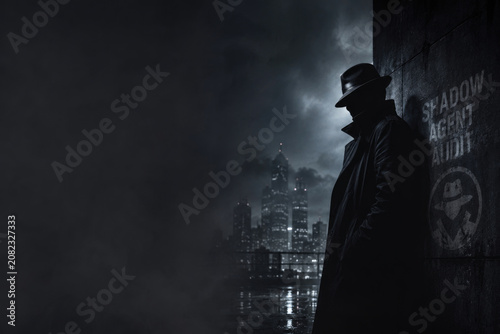 Dark silhouette of a man beside shadow agent audit wall text. Space for text.