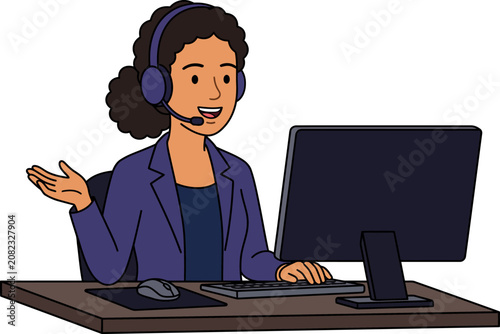 Friendly customer service agent at desk with computer
