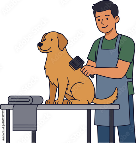 Professional Pet Groomer Brushing Dog Illustration