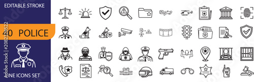 Photos Police thin line icon set with law enforcement, prison, detective and editable stroke vectors