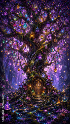 Enchanted purple forest with glowing ancient tree luminous flowers sparkling fireflies hidden doorway and magical woodland stream creating a dreamy fantasy landscape of wonder serenity and mystery